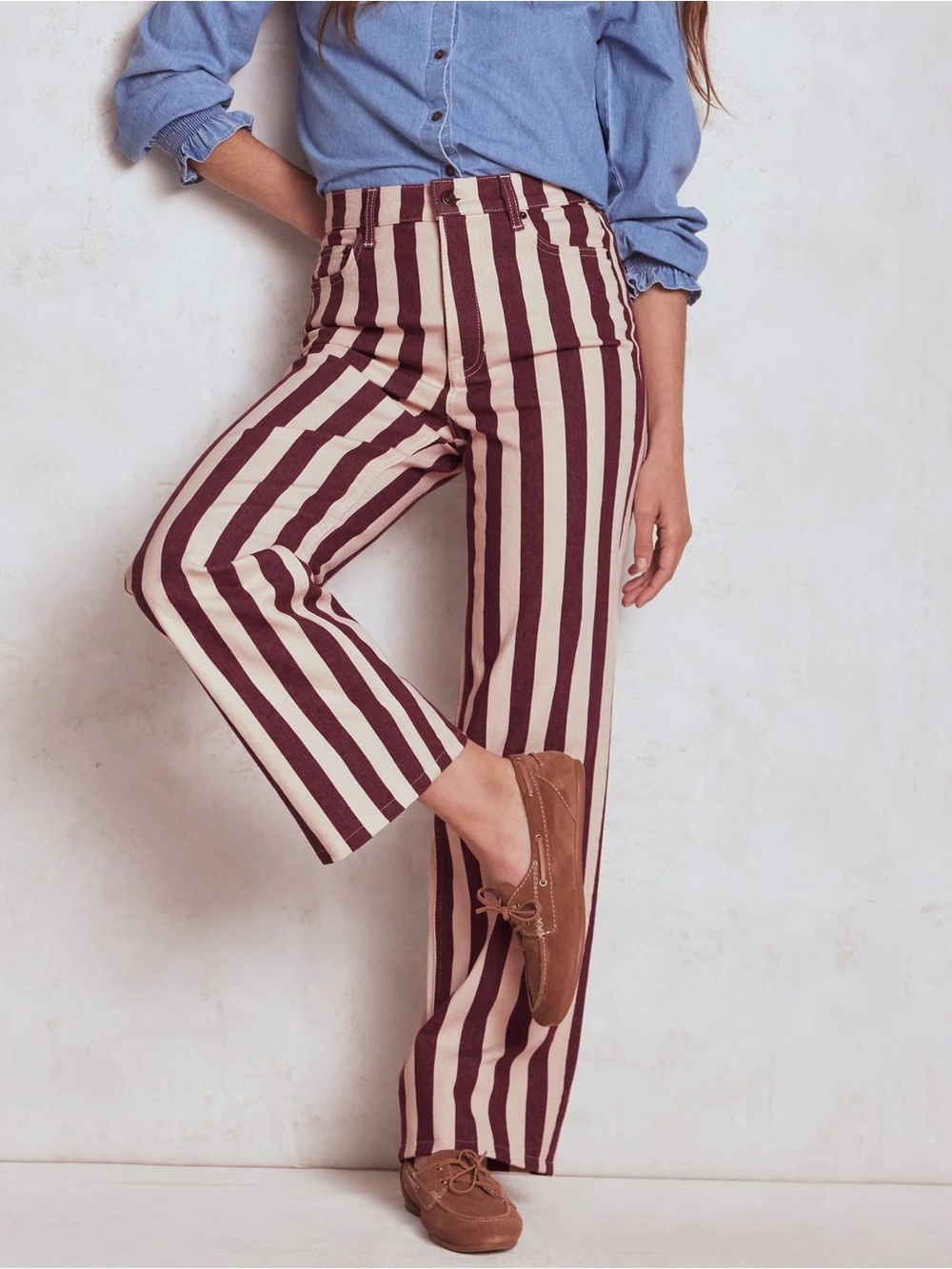 Boden High Rise Column Leg Jeans- Burgundy/Brown & Cream